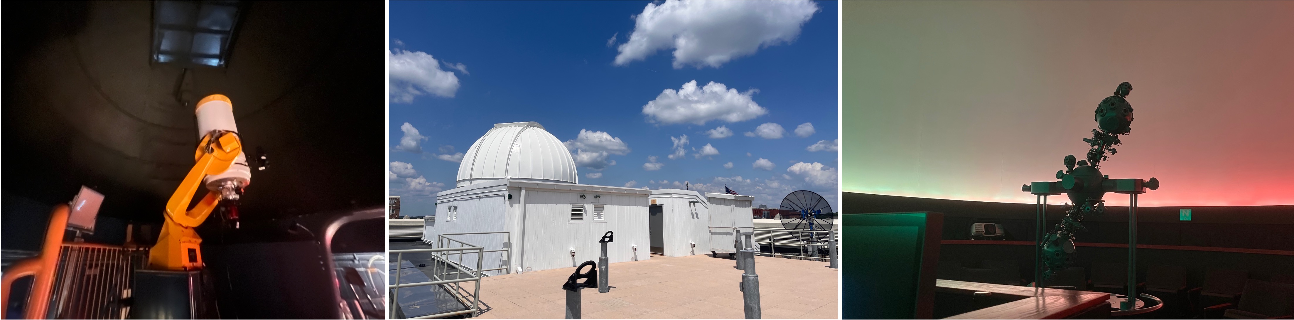 Facilities used in teaching at Angell Hall. Left: 0.4 m Ritchey-Chretien reflector; Middle: Dome from the outside; Right: Zeiss ZKP 3/B projector in a 24-ft Astro-Tec dome