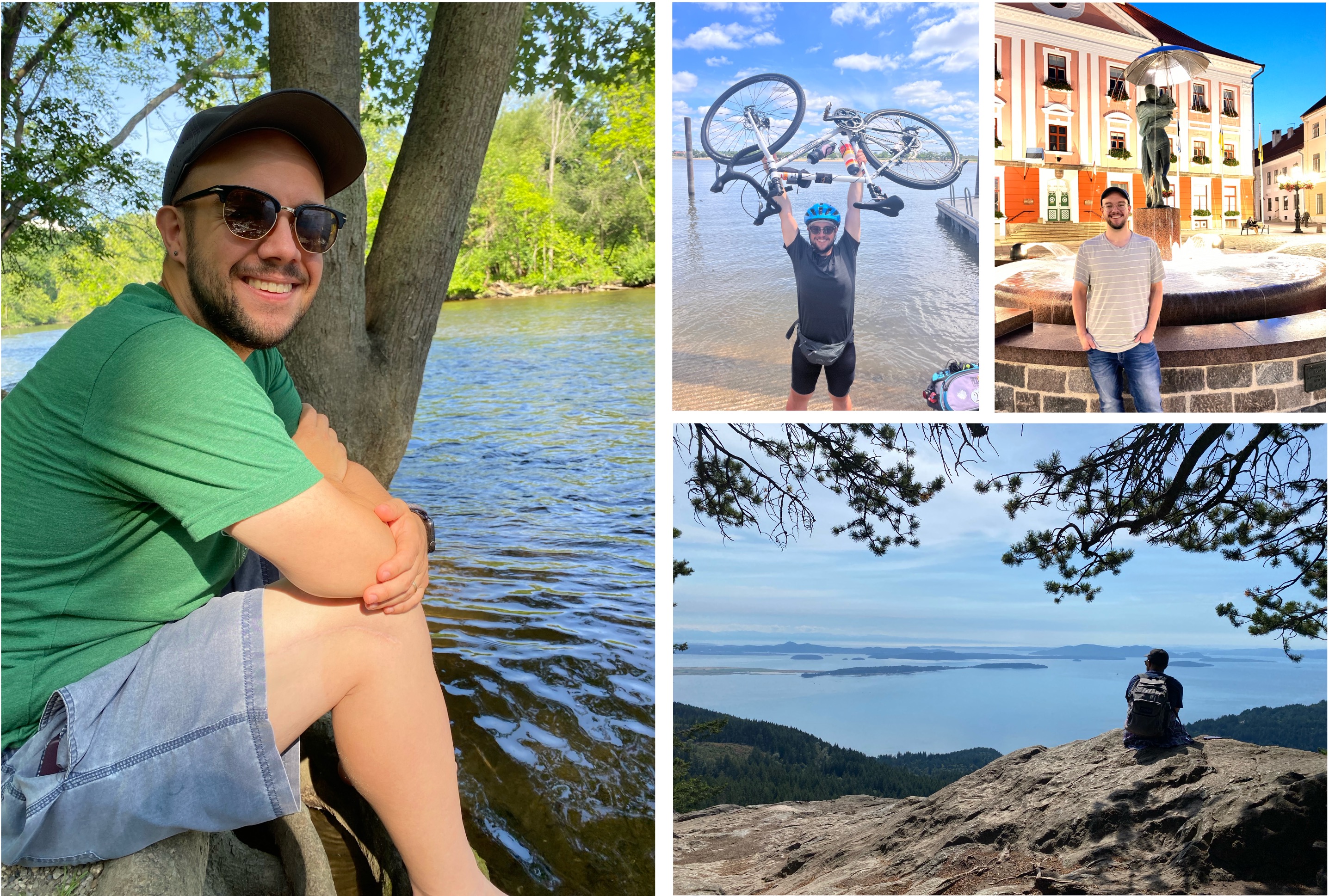 Collage of pictures with Levi. Left: By the Huron river; Top-left: Lifting bike over head after finishing RAGRBRAI; Top-right: Standing outside fountain in Tartu, Estonia city center; Bottom: Looking over islands near Puget Sound in Washington